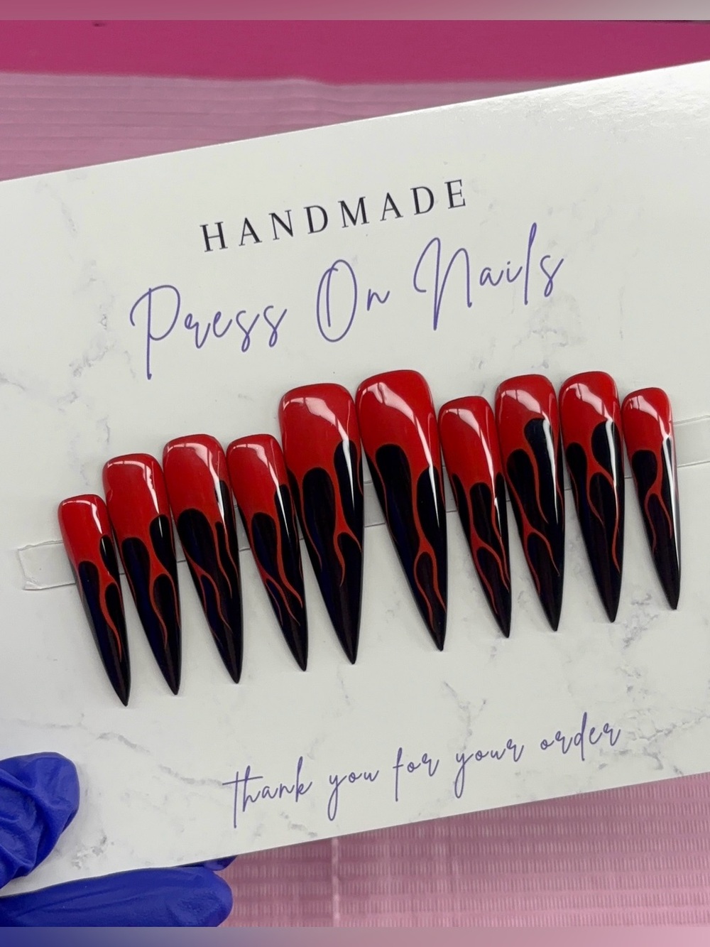 3XL stiletto press on nails red flames black base handmade custom builder gel
